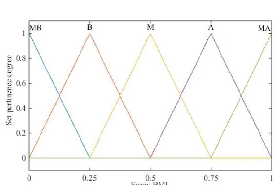 FIGURE 3. Pertinence functions defined to the fuzzy sets of the Fuzzy BMI output variable