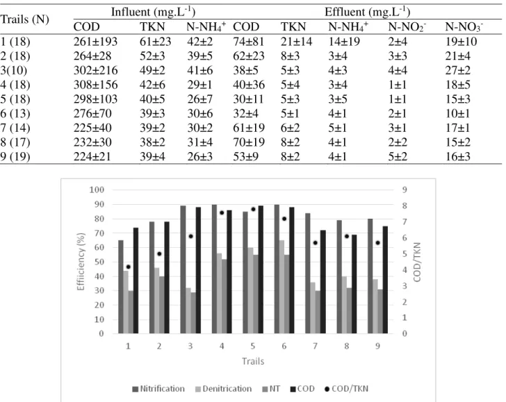 TABLE  2.  Average  values  of  COD,  TKN,  N-NH 4 + ,  N-NO 2 -  ,  N-NO 3 -    and  number  of  samples  analyzed at each stage