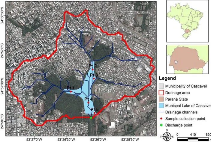 FIGURE 1. Location of the city of Cascavel, in Paraná state (Brazil), and location of the channels,  drainage area, and sampling points in the lake