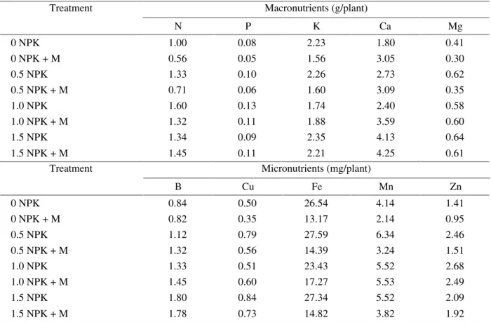 Table 2 – Accumulation of macronutrients and micronutrients in leaves of K. luciae plants cultivated under different applications of fertilizer in the substrate.