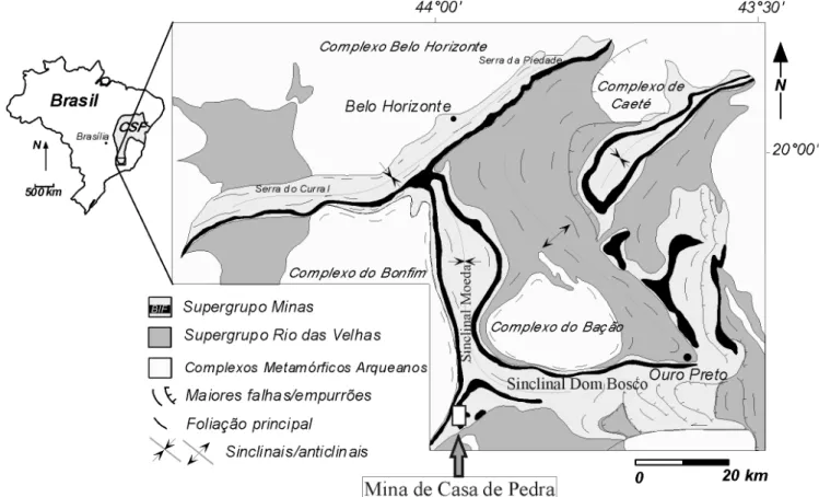 Figura 1 - Mapa geológico simpliﬁ  cado do Quadrilátero Ferrífero, mostrando a localização da área de estudo  (extraído de Lagoeiro 2000, modiﬁ  cado de Dorr 1969).