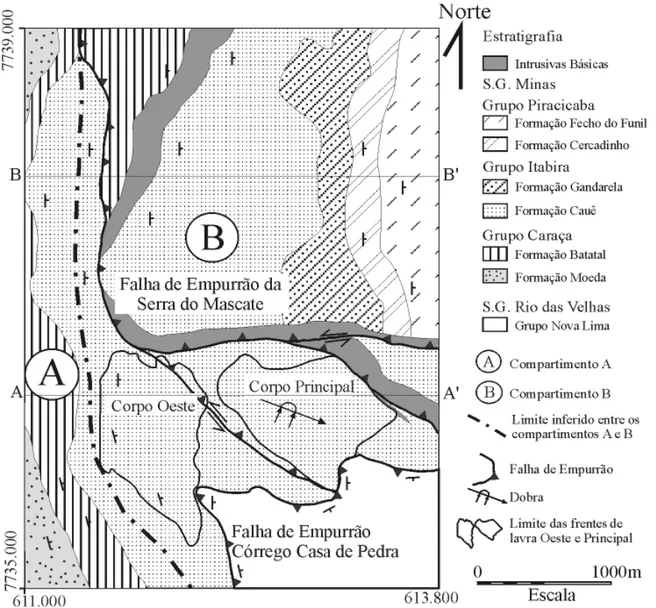 Figura 5 - Seções geológicas da região da Mina de Casa de Pedra. Localização na ﬁ  gura 4.