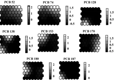 Fig. 4. Distribution maps of individual variables (PCB) obtained after treatment with the Kohonen neural network.