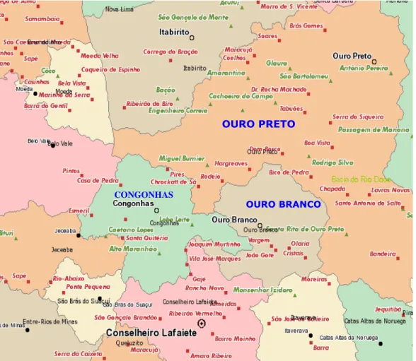Figura 12 Mapa abrangendo os Municípios de Ouro Branco, Ouro Preto, Lafaiete e Congonhas.