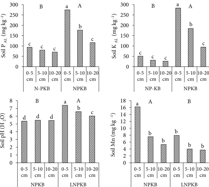 Figure 2. Soil P AL , soil K AL , soil pH (H 2 O), and soil Mn at three soil depth layers (0–5, 5–10, and 10–20 cm) as a function of the fertilizer  treatments consisting of the application of lime (L) plus NPKB (LNPKB), NPKB (without lime), and the other 