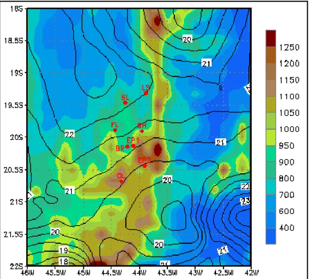 Figura 2.5 - Temperatura Média Anual (EP2 – Mina de Fábrica). Áreas sombreadas em  cores representam as altitudes topográficas em metros