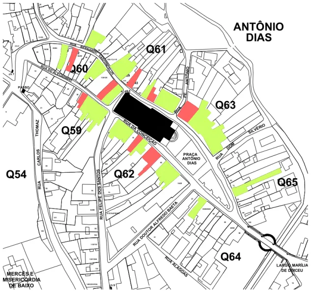 Figura 1: Mapa do bairro Antônio Dias, com indicação das edificações que compõem o levantamento da carga de  incêndio