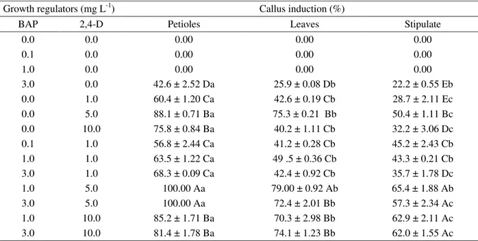 Table 1 – Effect of growth regulators on callus induction from different explants (petiole, leaves and stipulate) of Cecropia  glaziovii after 30 days of culture.