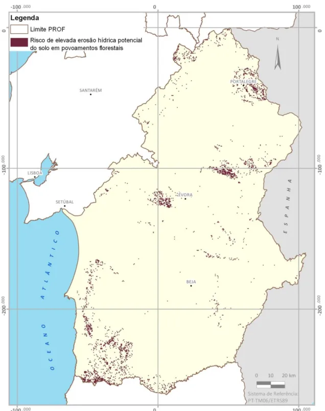 Figura 5. Cartografia de risco de elevada erosão hídrica potencial do solo em povoamentos florestais para a região do PROF-ALT  Fonte: APA, 2016a; DGT, 2015; ICNF, 2016a; INE, 2016; USGS - U.S