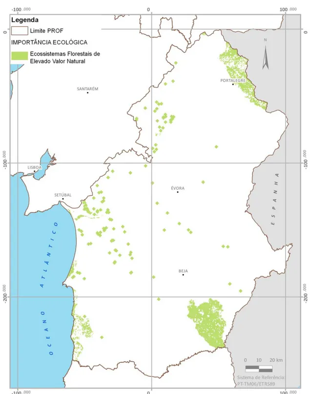 Figura 6. Cartografia da importância ecológica nos espaços florestais para a região do PROF-ALT  Fonte: DGT, 2015; ICNF, 2016a, 2016b e 2016c; ISA, 2016