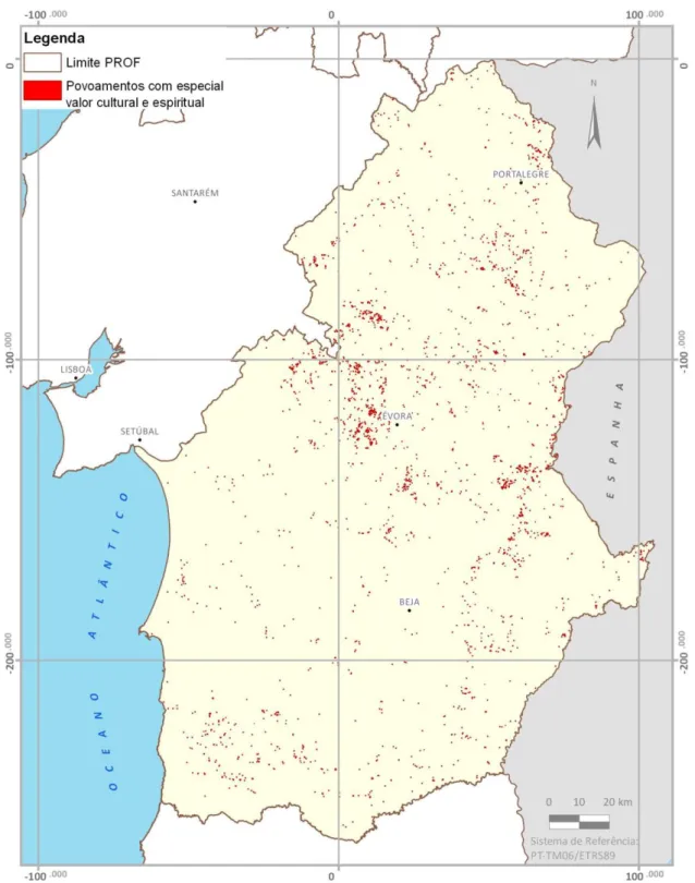 Figura 7. Cartografia de povoamentos florestais com especial valor cultural e espiritual para a região do PROF-ALT  Fonte: DGPC, 2016; DGT, 2015; ICNF, 2016a e 2016b