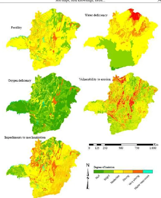 Figure 1 – Maps elaborated in GIS, with degrees of limitation by fertility, water deficiency, oxygen deficiency, vulnerability to erosion and impediments to mechanization of lands of Minas Gerais.