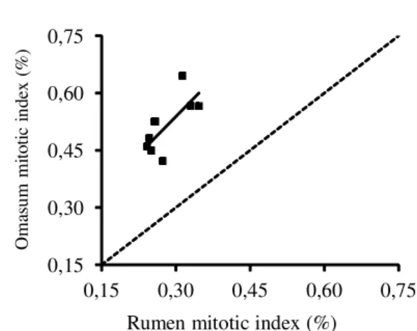 Figure 1 – Correlation between rumen mitotic index (RMI) and omasum mitotic index (OMI)