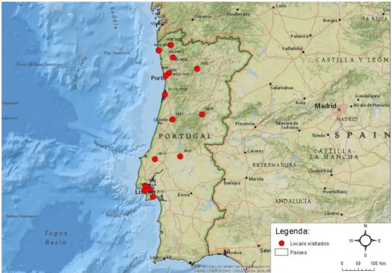 Fig. 3: A greater scale map to show Portugal path of Manuel António Gomes by date.  