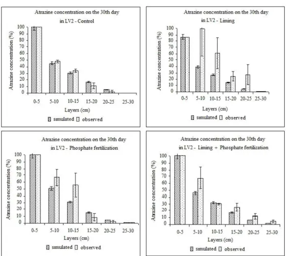 Figure 4 – Comparison between atrazine observed and simulated values in the soil column for LV2 after 30 days.
