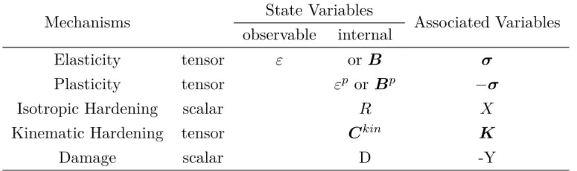 Table 4.1: State and Associated variables for each physical mechanism of deformation and damage.