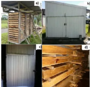 Figure  1  –  Devices  designed  for  samples  drying:  air  drying (a); a 6 m 3  capacity solar dryer (b); experimental  (conventional) NARDI dryer (c) and stacked trays with  gaps to allow air circulation (d).