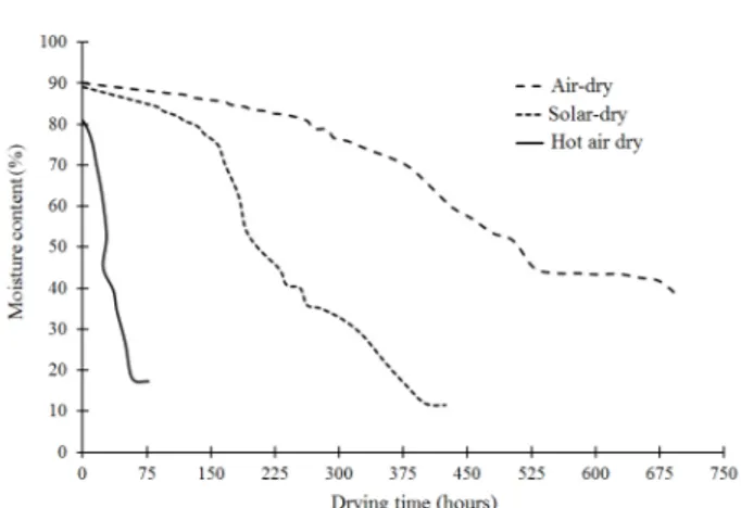 Figure 2 – Variation in the moisture content of coffee pulp  relative to time for the three drying types.