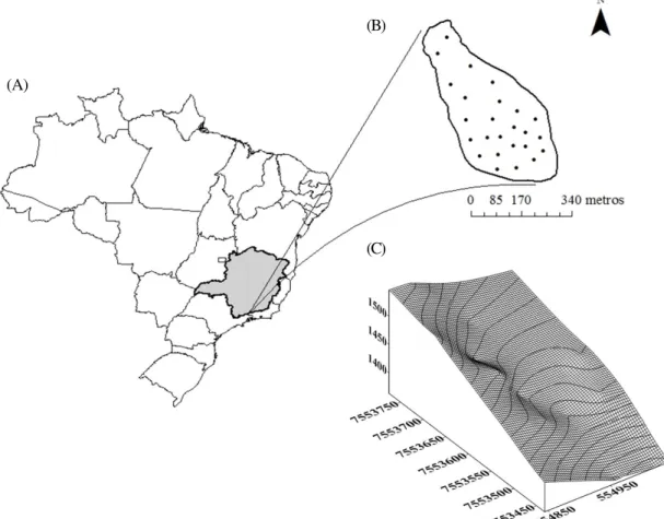 Figure 1 – (A) Location of the study area; (B) the soil sampling points; (C) representation of the slope of the area with isolines spaced by 10 meters.