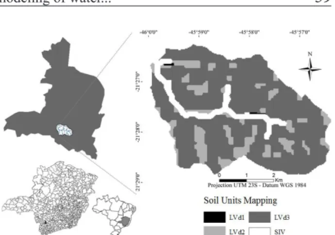 Figure 1 – Location and soil map at Ribeirão Caçús sub- sub-basin, Alfenas, MG.