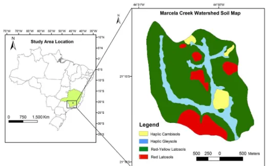 Figure 1: Marcela Creek watershed location and its soil map adapted from Motta et al. (2001).