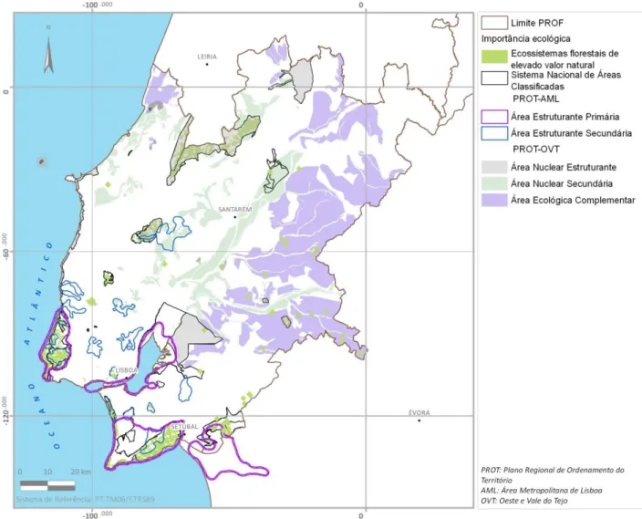 Figura 6. Cartografia das áreas de importância ecológica nos espaços florestais para a região do PROF-LVT  Fonte: DGT, 2015; ICNF, 2016a, 2016b e 2016c; ISA, 2016