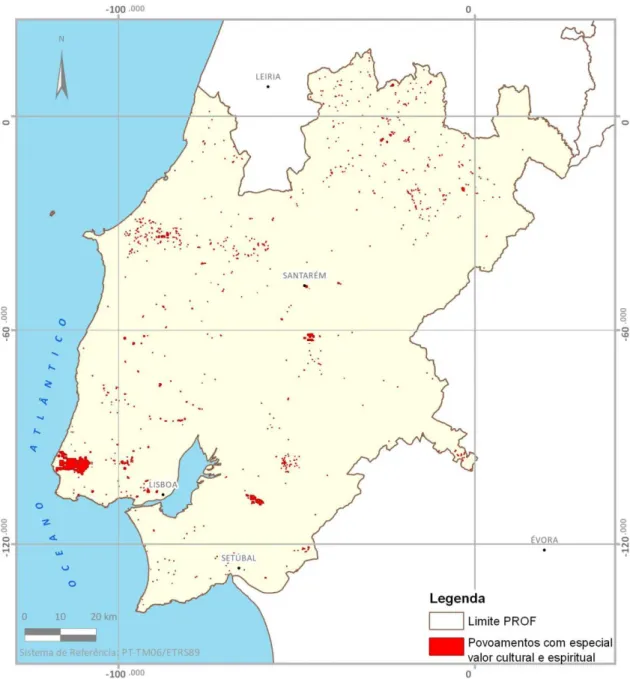 Figura 7. Cartografia dos povoamentos florestais com especial valor cultural e espiritual para a região do PROF-LVT  Fonte: DGPC, 2016; DGT, 2015; ICNF, 2016a e 2016b