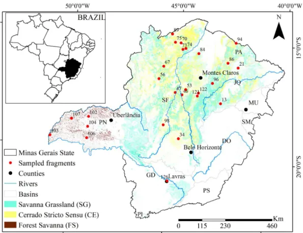 Figure 1: Study area with the Cerrado fragments analyzed. (Minas Gerais state basins: DO: Doce; GD: Grande; JQ: 