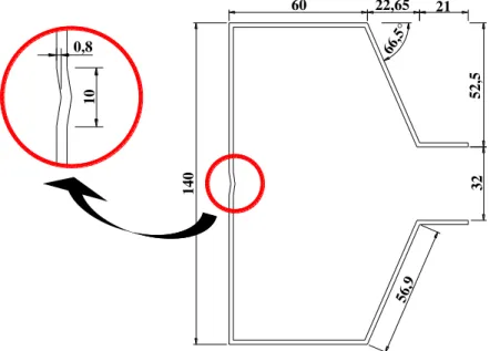 Figura 3.1: Dimensões nominais das colunas ensaiadas com a identificação da dobra ou  enrijecedor em função do processo de fabricação