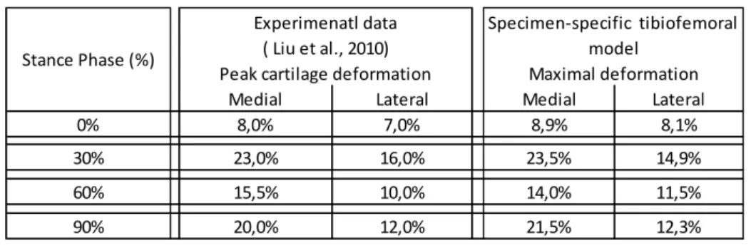 Table  1  -  Peak  cartilage  deformation  of  experimental  data  (Liu  et  al.  2010)  and  tibiofemoral  deformation applied at the specimen-specific model at 0%, 30%, 60% and 90% of stance phase