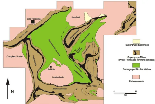 Figura 2. 3. Mapa geológico simplificado do Quadrilátero Ferrífero (Alkmim e  Marshak, 1998) 