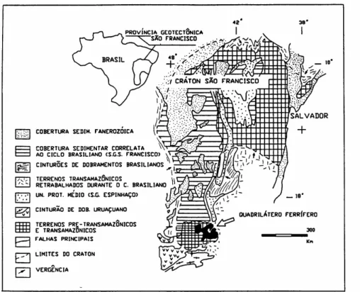 Figura 2.1 - Posição geotectônica do Quadrilátero Ferrífero no Cráton São Francisco  (modificado de Almeida 1976)