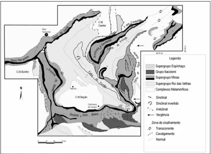 Figura 2.3 - Mapa geológico-estrutural do Quadrilátero Ferrífero (mod. de Dorr 1969 e  Chemale et al