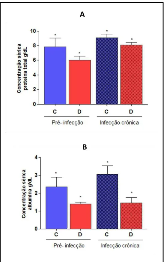 Figura  4.  Dosagem  de  proteína  e  albumina  sérica  dos  animais  antes  e  depois  da  infecção