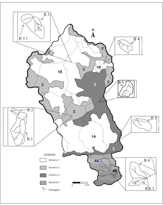 Figura 5.6– Mapa de Domínios Geomorfológicos da Bacia do rio Maracujá com a localização das microbacias   estudadas (Modificado de Bacellar 2000)