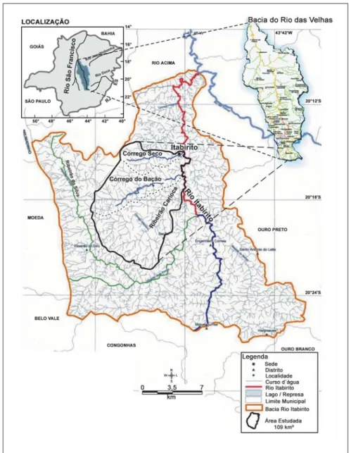 Figura 1 - Mapa de localização das bacias hidrográficas analisadas no contexto da região do Alto Rio das Velhas e do rio São Francisco.