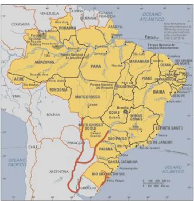 Figura 3.3- Rota de Dispersão do mexilhão dourado na América do Sul 2010  –  Site IEAPM (Instituto  de Estudos do Mar Almirante Paulo Moreira - www.ieapm.mar.mil.br)