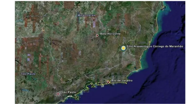 Figura 01 : Imagem de satélite / localização do Sítio Córrego do Maranhão na Região Sudeste Pautados   nestes   pressupostos   e   objetivando   afunilar   o   debate   sobre   as   similaridades   e   diferenças  técnicas, culturais, sociais e étnicas dos