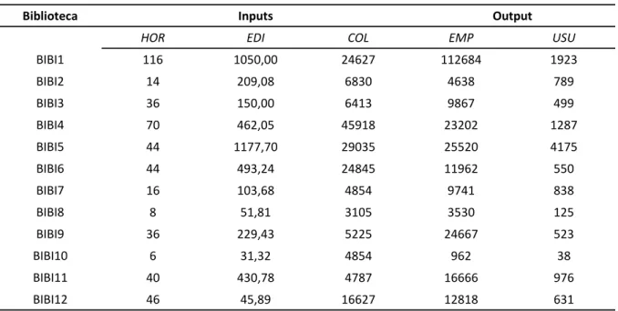 Tabela 2 - Dados dos inputs e output coletados para o ano de 2010