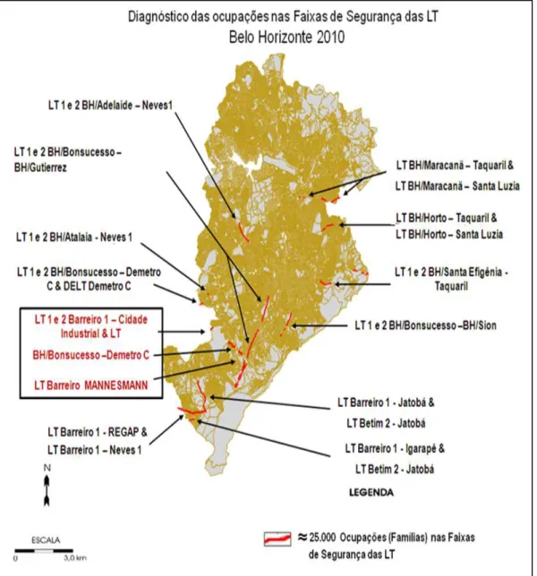 Figura  1.5  -  Localização  de  Ocupações  sobre  a  Faixa  de  Segurança  de  LT  em  Belo  Horizonte