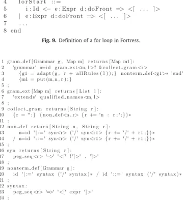 Fig. 9 shows an example of the definition of an extension in Fortress. Line 1 defines a new grammar, called ForLoop, which may use symbols of two other grammars, Expression and Identifier