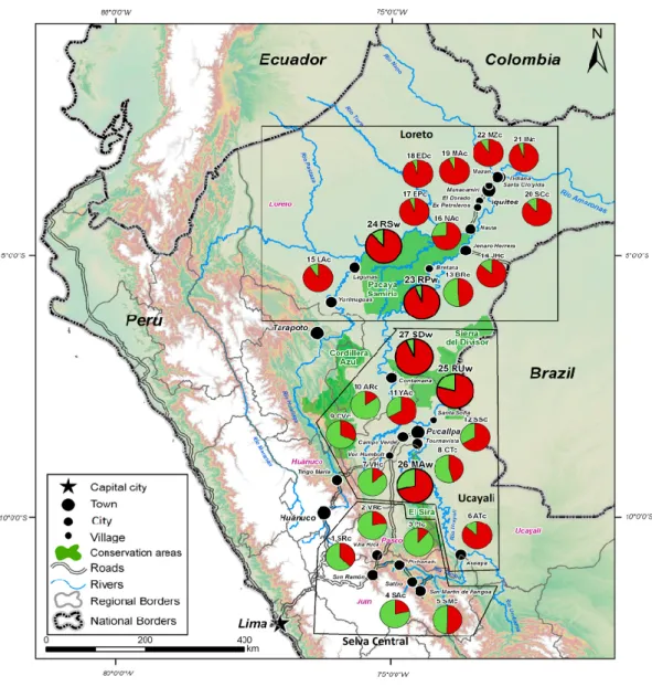Figure  4.  Inga  edulis  populations  investigated  in  this  study  plotted  on  the  map  of  Peru