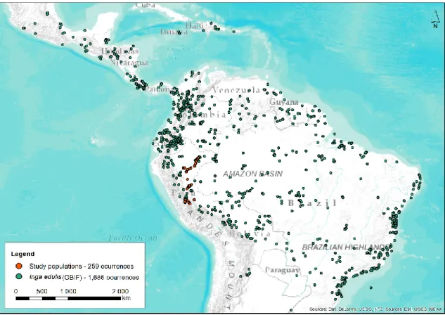 Figure 1. Distribution map of Inga edulis. The green dots represent the 1686 occurrences, and the red  dots  the  trees  sampled  in  the  current  study  (259  occurrences)