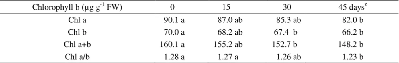 Table 3 – Change in chlorophyll a, chlorophyll b, and total chlorophyll content in pineapple plantlets during acclimatization phase.