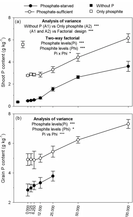Figure 3 – Shoot P content (a) and grain P content (b) in common bean grown under 2 phosphate levels (phosphate- (phosphate-starved plants = 40 mg P dm -3  soil, and phosphate-sufficient plants = 200 mg P dm -3  soil), and 7 phosphite levels in the soil