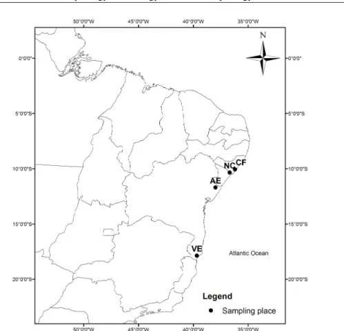 Figure 1 – Location of the studied soils. Profile code: CF= Coruripe forest; NC= Neópolis coconut; AE= Acajutiba eucalyptus; VE = Nova Viçosa eucalyptus.