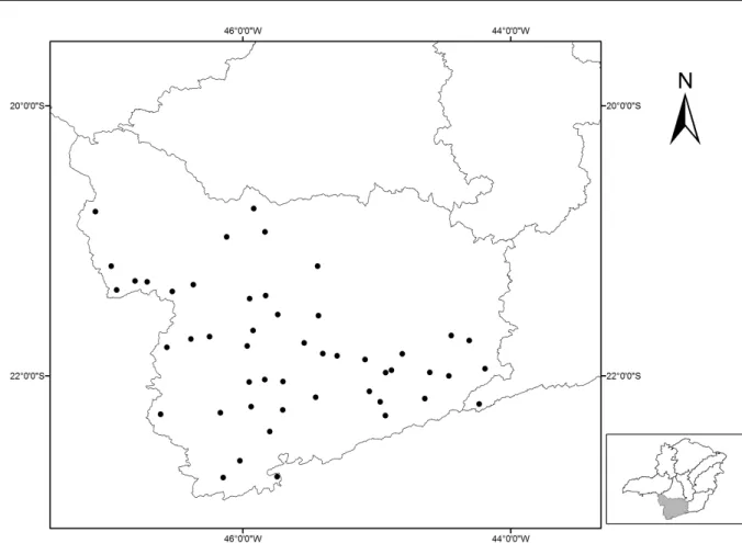 Figure 1 – Location of rainfall stations studied in the south of Minas Gerais.