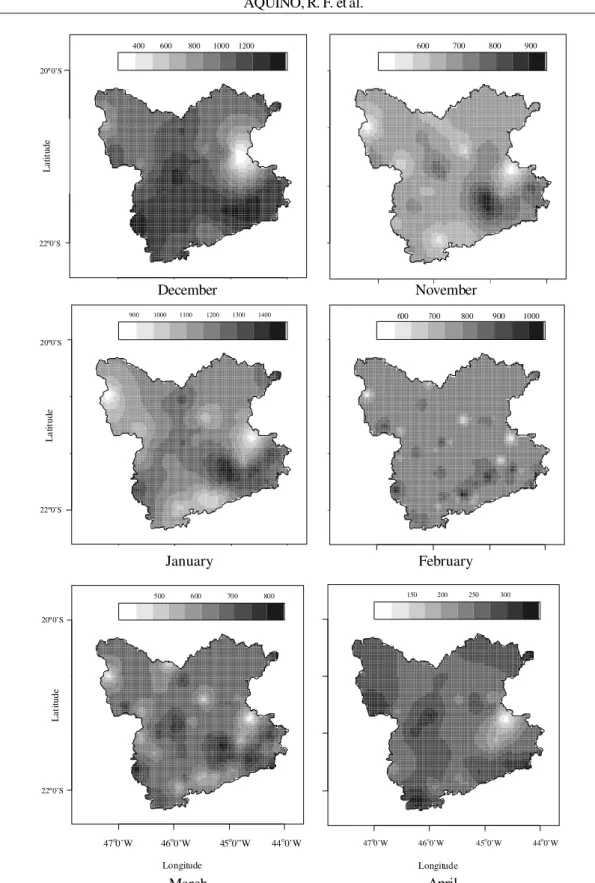 Figure 2 – Spatial behavior of erosivity monthly during the rainy season in the southern region of Minas Gerais