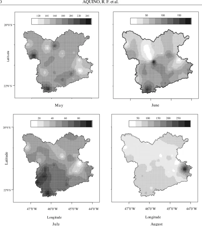 Figure 3 – Spatial behavior of erosivity monthly during the dry season in southern Minas Gerais