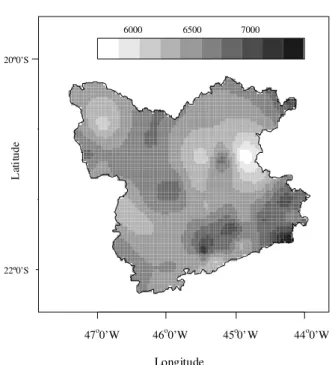 Figure 4 – Spatial behavior of the annual erosivity in southern Minas Gerais. Scale in MJ.mm ha -1  h -1  year -1 .